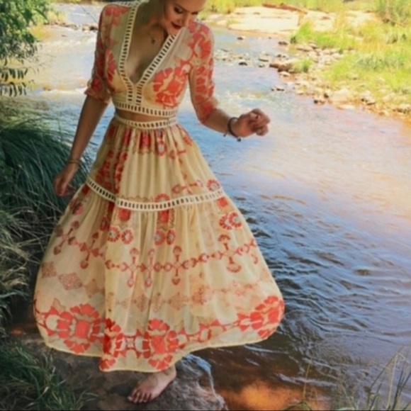 For Love And Lemons Orange Pink Flutter Sleeve Midi Skirt Set - Picture 3 of 7